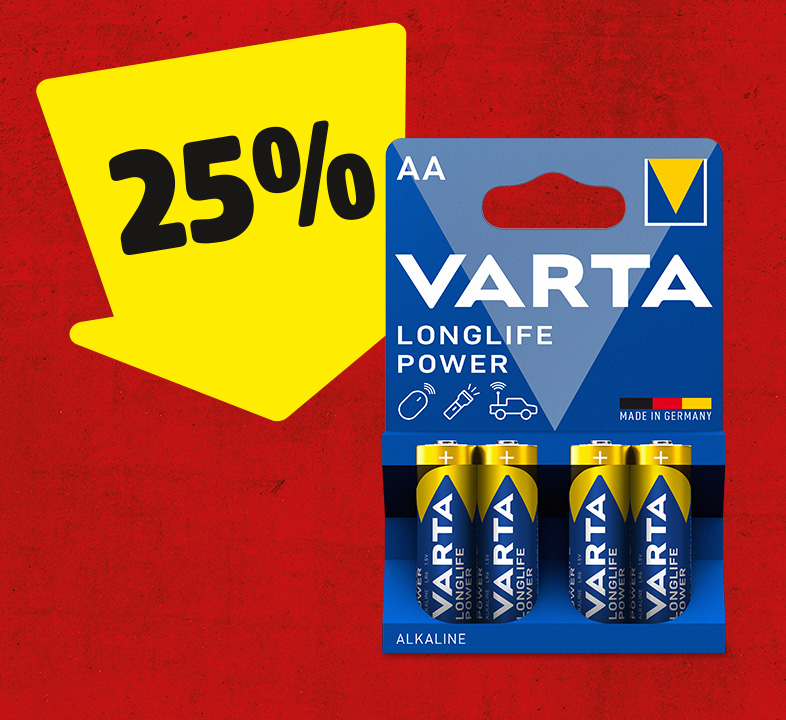 Ein gelber Pfeil mit 25% zeigt auf einen Packung VARTA Batterien