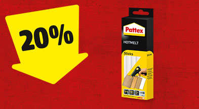 Ein gelber Pfeil mit 20% zeigt auf einen Packung Pattex Klebepatronen