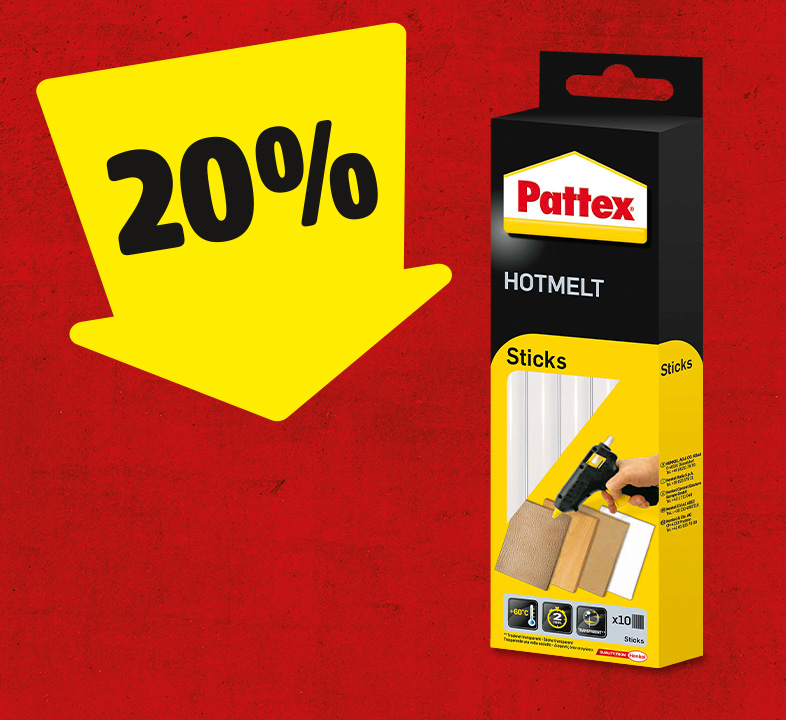 Ein gelber Pfeil mit 20% zeigt auf einen Packung Pattex Klebepatronen