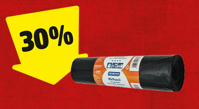 Ein gelber Pfeil mit 30% zeigt auf eine Rolle Renovo Müllsack