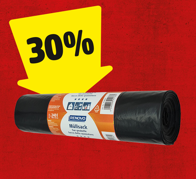 Ein gelber Pfeil mit 30% zeigt auf eine Rolle Renovo Müllsack