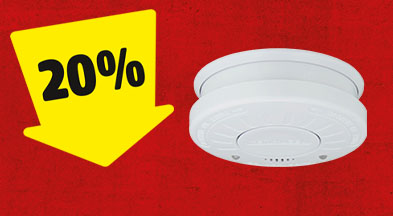 Ein gelber Pfeil mit 20% zeigt auf einen weißen Rauchmelder