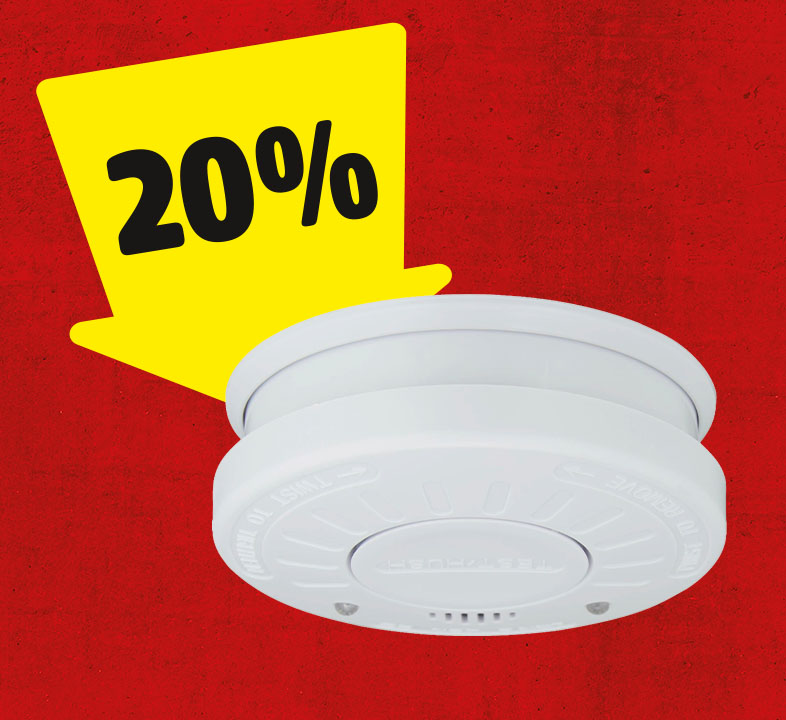 Ein gelber Pfeil mit 20% zeigt auf einen weißen Rauchmelder