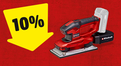 Ein gelber Pfeil mit 10% zeigt auf einen Einhell Akku-Schwingschleifer