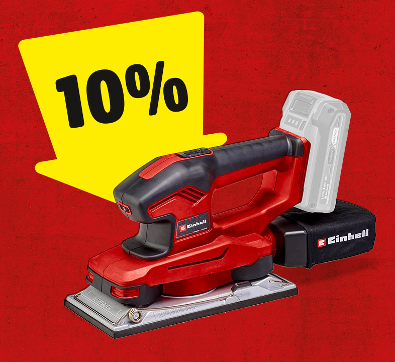 Ein gelber Pfeil mit 10% zeigt auf einen Einhell Akku-Schwingschleifer