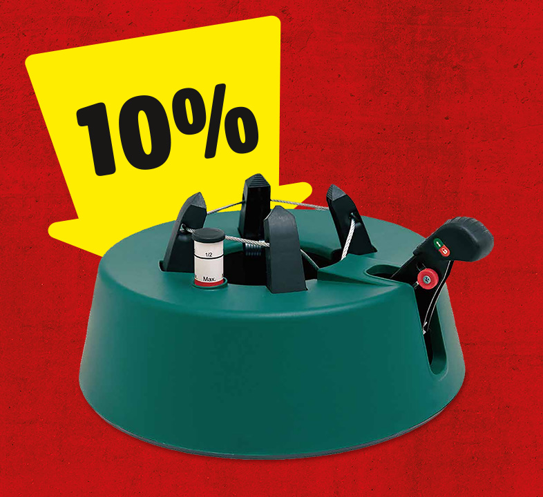 Ein gelber Pfeil mit 10% zeigt auf einen Christbaumständer.