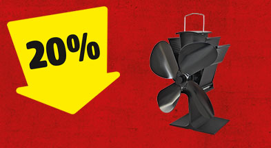 Ein gelber Pfeil mit 20% zeigt auf einen schwarzen Kaminofenventilator