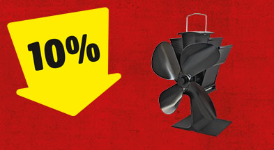 Ein gelber Pfeil mit 10% zeigt auf einen schwarzen Kaminofenventilator