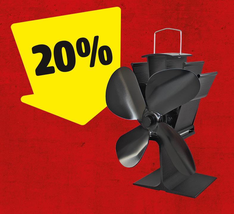 Ein gelber Pfeil mit 20% zeigt auf einen schwarzen Kaminofenventilator