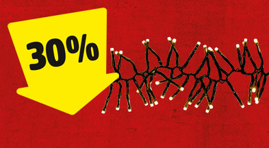 Ein gelber Pfeil mit 30% zeigt auf eine Lichtergirlande