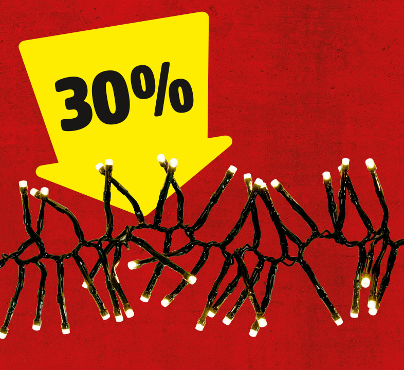 Ein gelber Pfeil mit 30% zeigt auf eine Lichtergirlande