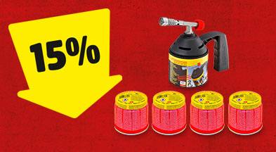Ein gelber Pfeil mit 15% zeigt auf ein Lötlampenset mit 4 Gaskartuschen
