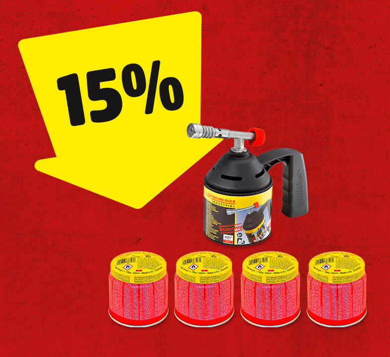 Ein gelber Pfeil mit 15% zeigt auf ein Lötlampenset mit 4 Gaskartuschen
