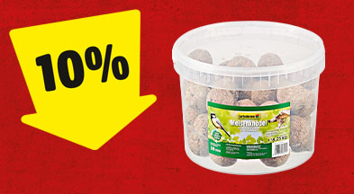 Ein gelber Pfeil mit 10% zeigt auf einen Eimer mit Meisenknödel