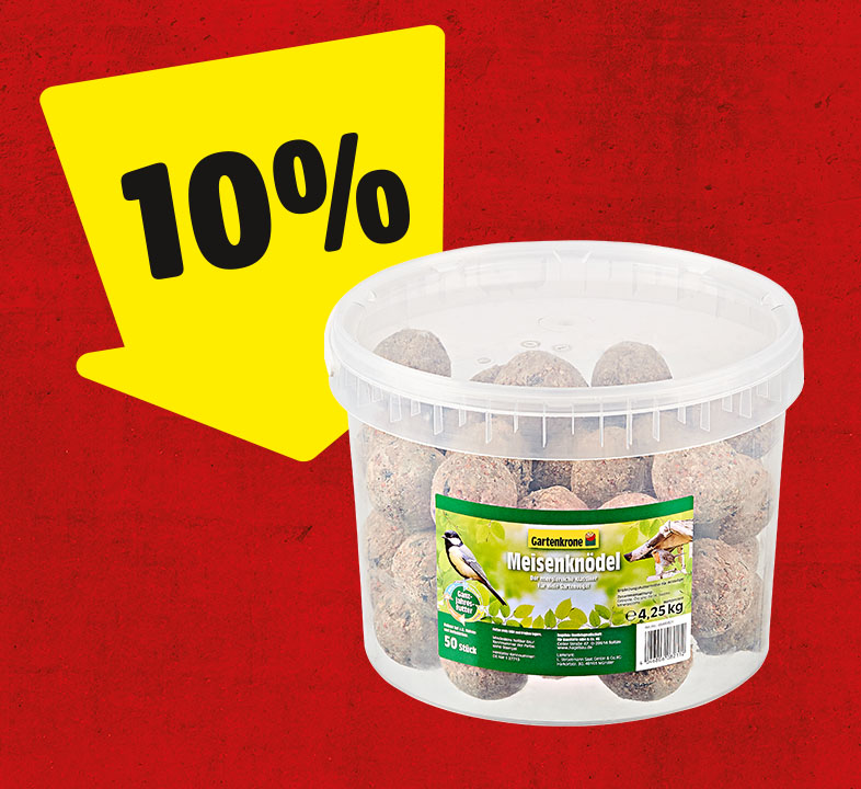 Ein gelber Pfeil mit 10% zeigt auf einen Eimer mit Meisenknödel