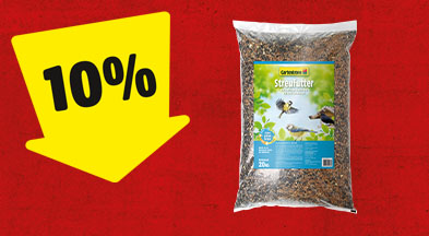 Ein gelber Pfeil mit 10% zeigt auf einen Sack Vogelfutter