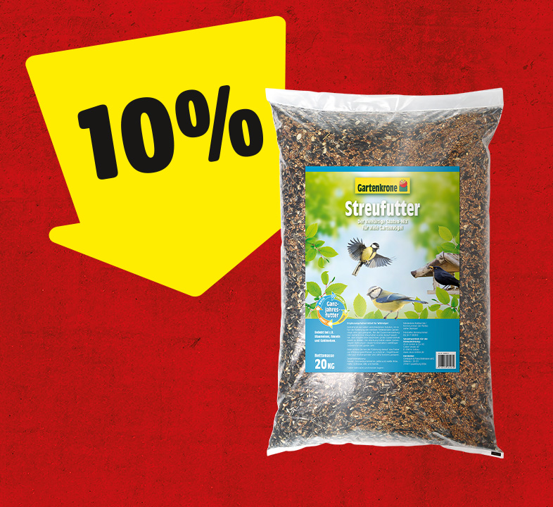 Ein gelber Pfeil mit 10% zeigt auf einen Sack Vogelfutter