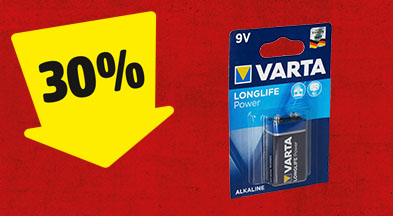 Ein gelber Pfeil mit 30% zeigt auf eine Verpackung mit einer VARTA Batterie.