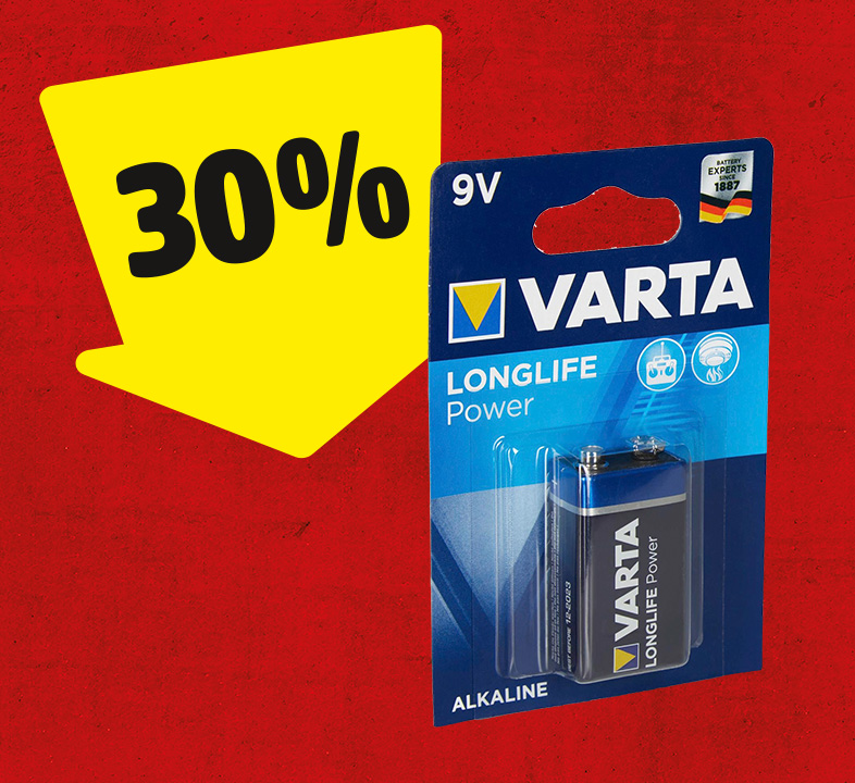 Ein gelber Pfeil mit 30% zeigt auf eine Verpackung mit einer VARTA Batterie.
