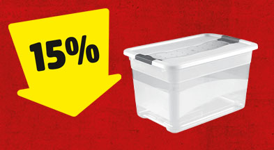 Ein gelber Pfeil mit 15% zeigt auf eine Aufbewahrungsbox.