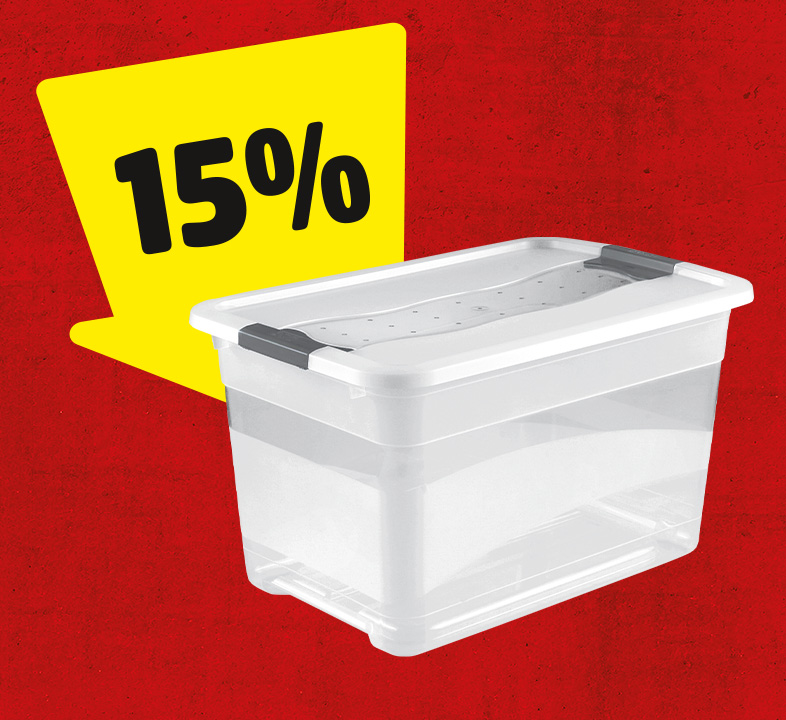 Ein gelber Pfeil mit 15% zeigt auf eine Aufbewahrungsbox.