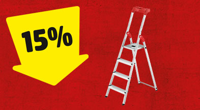 Ein gelber Pfeil mit 15% zeigt auf eine Alu-Leiter.