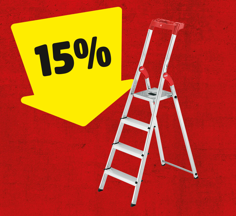 Ein gelber Pfeil mit 15% zeigt auf eine Alu-Leiter.