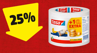 Ein gelber Pfeil mit 25% zeigt auf ein Kreppband von TESA.