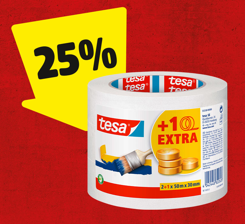 Ein gelber Pfeil mit 25% zeigt auf ein Kreppband von TESA.