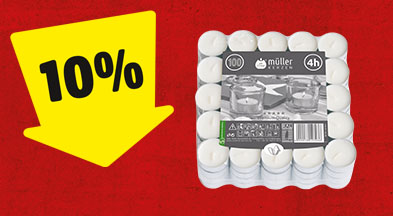 Ein gelber Pfeil mit 10% zeigt auf eine Packung Teelichter.