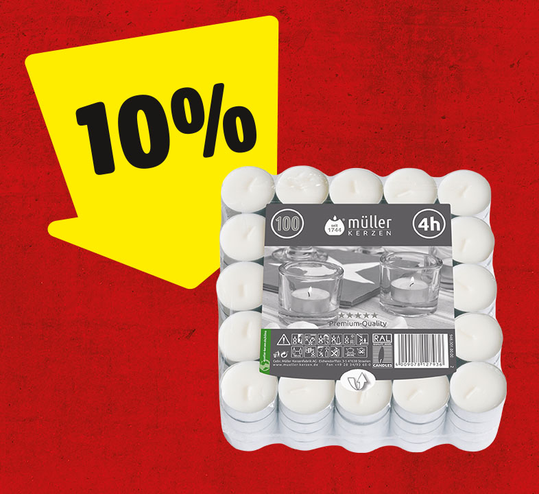 Ein gelber Pfeil mit 10% zeigt auf eine Packung Teelichter.