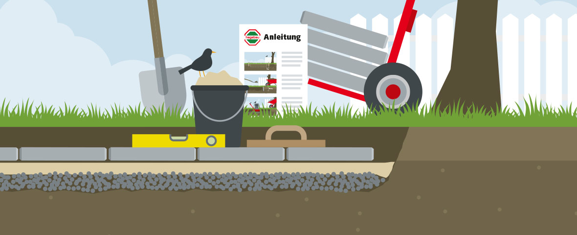 Illustration zum Bau eines Gartenhauses mit Schnittdarstellung des Fundaments. Sichtbar sind verschiedene Bodenschichten: verdichteter Untergrund, eine Tragschicht aus Schotter und darauf verlegte Gehwegplatten. Oben stehen Werkzeuge und Materialien bereit: Wasserwaage, Gummihammer, Schaufel, Eimer mit Sand, Sackkarre sowie eine Anleitung mit „hagebau“-Logo und drei bebilderten Schritten. Ein Vogel sitzt auf dem Eimer, ein Baum steht im Hintergrund.