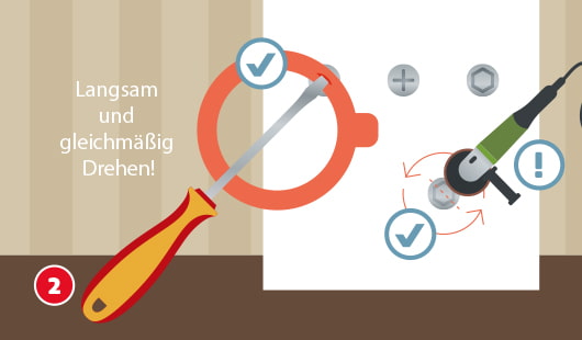 Illustration wie ein Gummi von einem Einmachglas über das Profil einer Schraube gelegt und diese mit einem Schraubenzieher gedreht wird, daneben stehen die Worte 